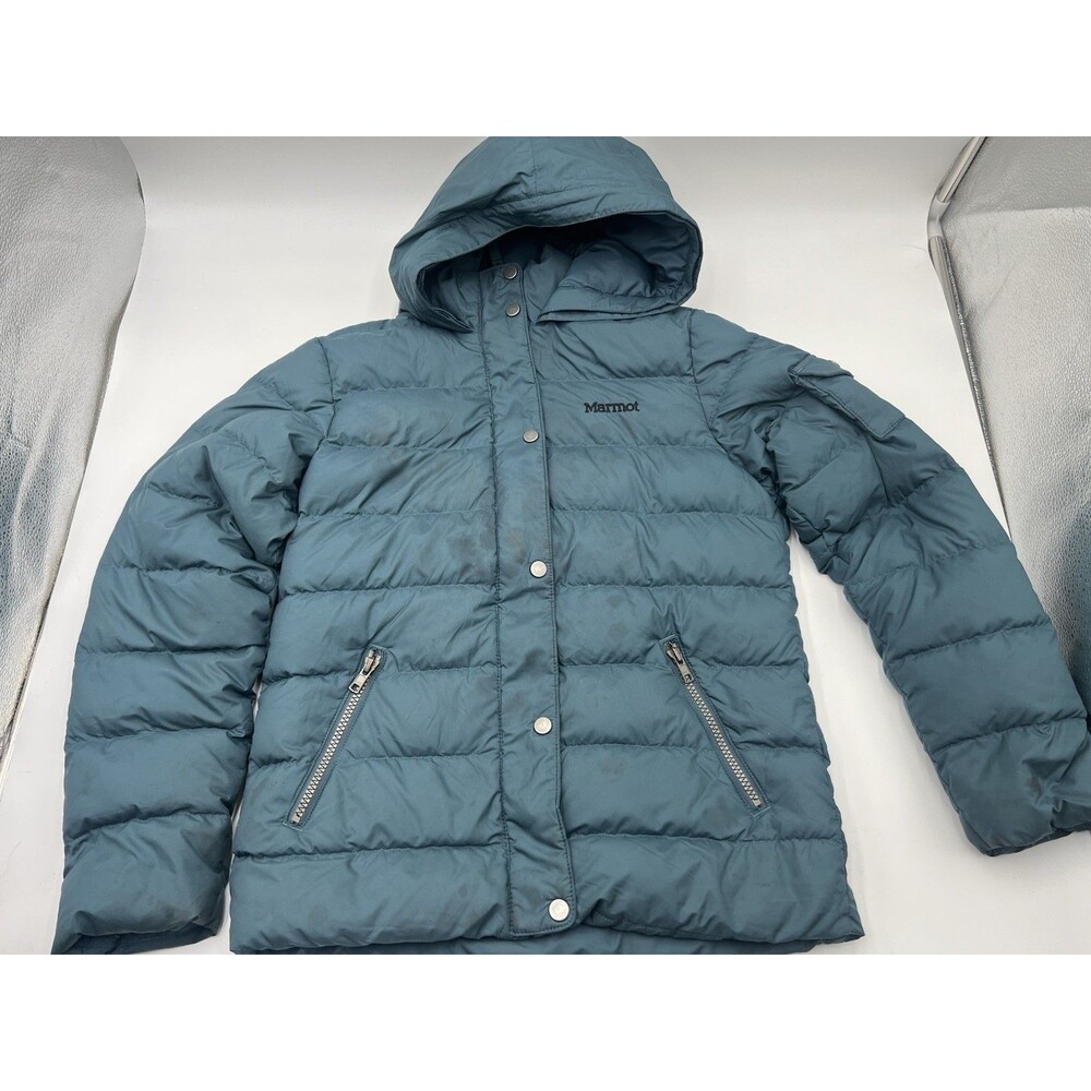 Marmot Jacket Youth Girls Large Teal Blue Duck Down Puffer hooded Full Zip
